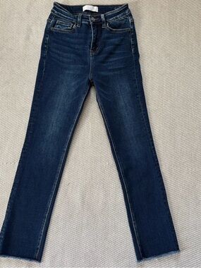 Vervet Blue Dark Wash Denim Straight Leg Crop Jeans Sz 24 Fray Hem High Waisted